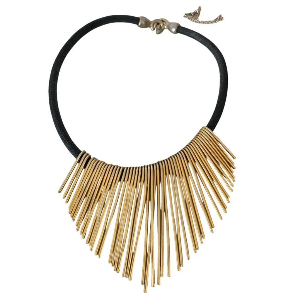 Statement kinetic necklace gold tone with black rope Paddle Fringe